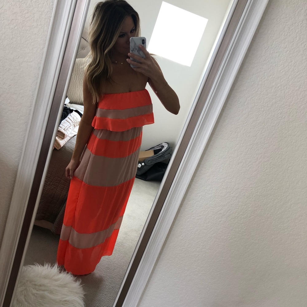 Coral and tan striped maxi dress